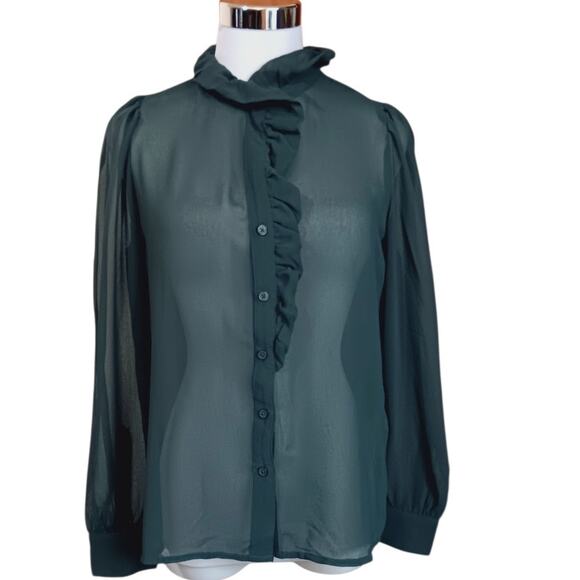 NEW BANANA REPUBLIC Sheer Green Blouse Top XS Ruffle Coquette Dressy Event Layer - Picture 1 of 6